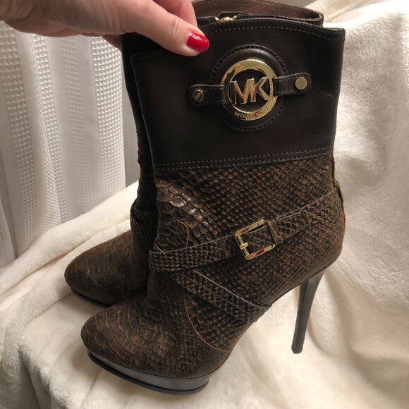 Michael Kors Stockard Stiletto Platform Snakeskin Bootie Size 9.5 Brown Leather - Picture 10 of 14